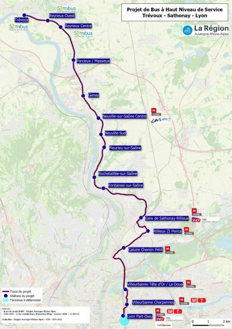 Carte du Trajet du BHNS entre Lyon et Trévoux.